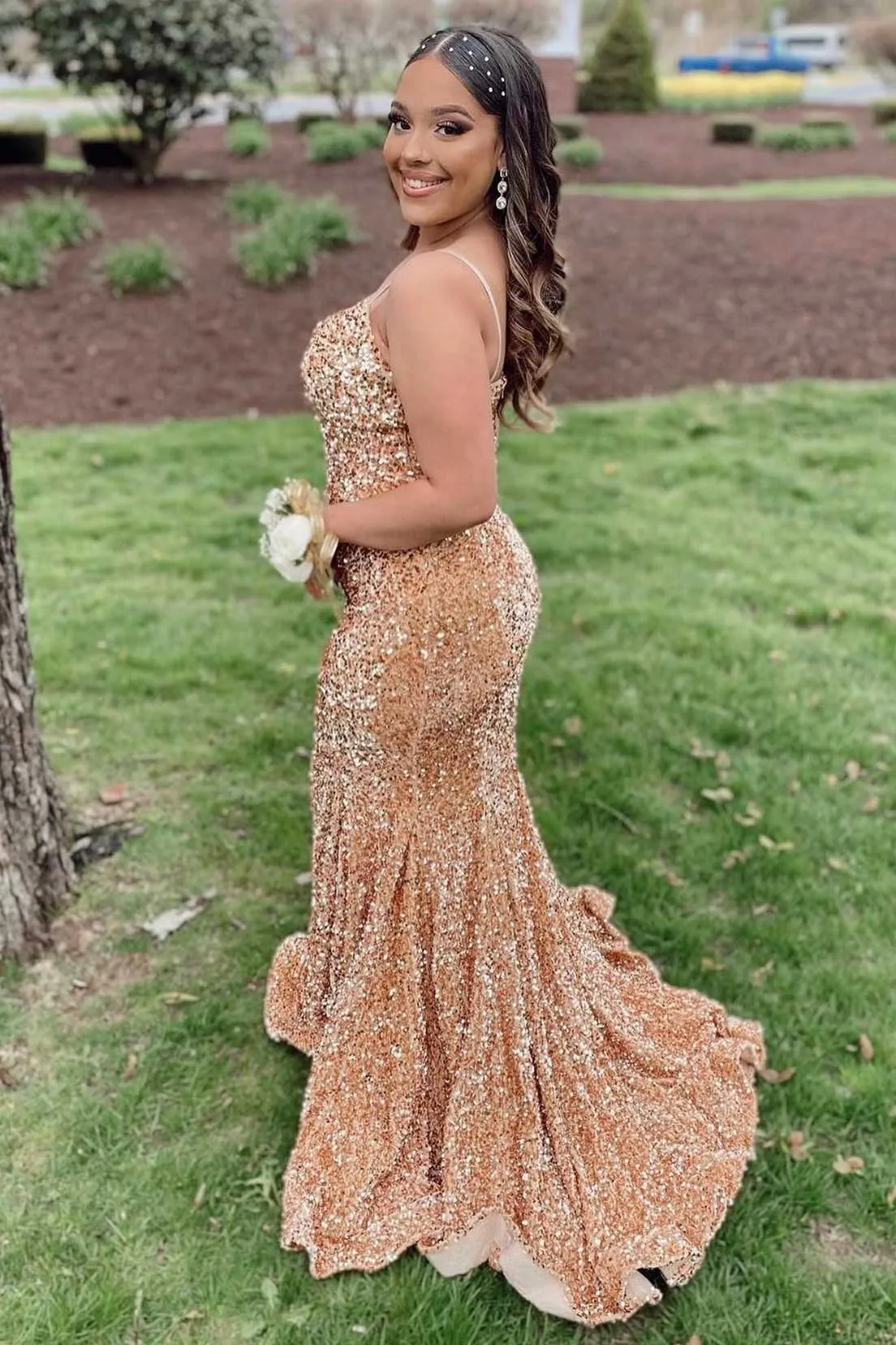 Gold Sequin V-Neck Lace-Up Mermaid Long Prom Gown,Best Prom Dresses