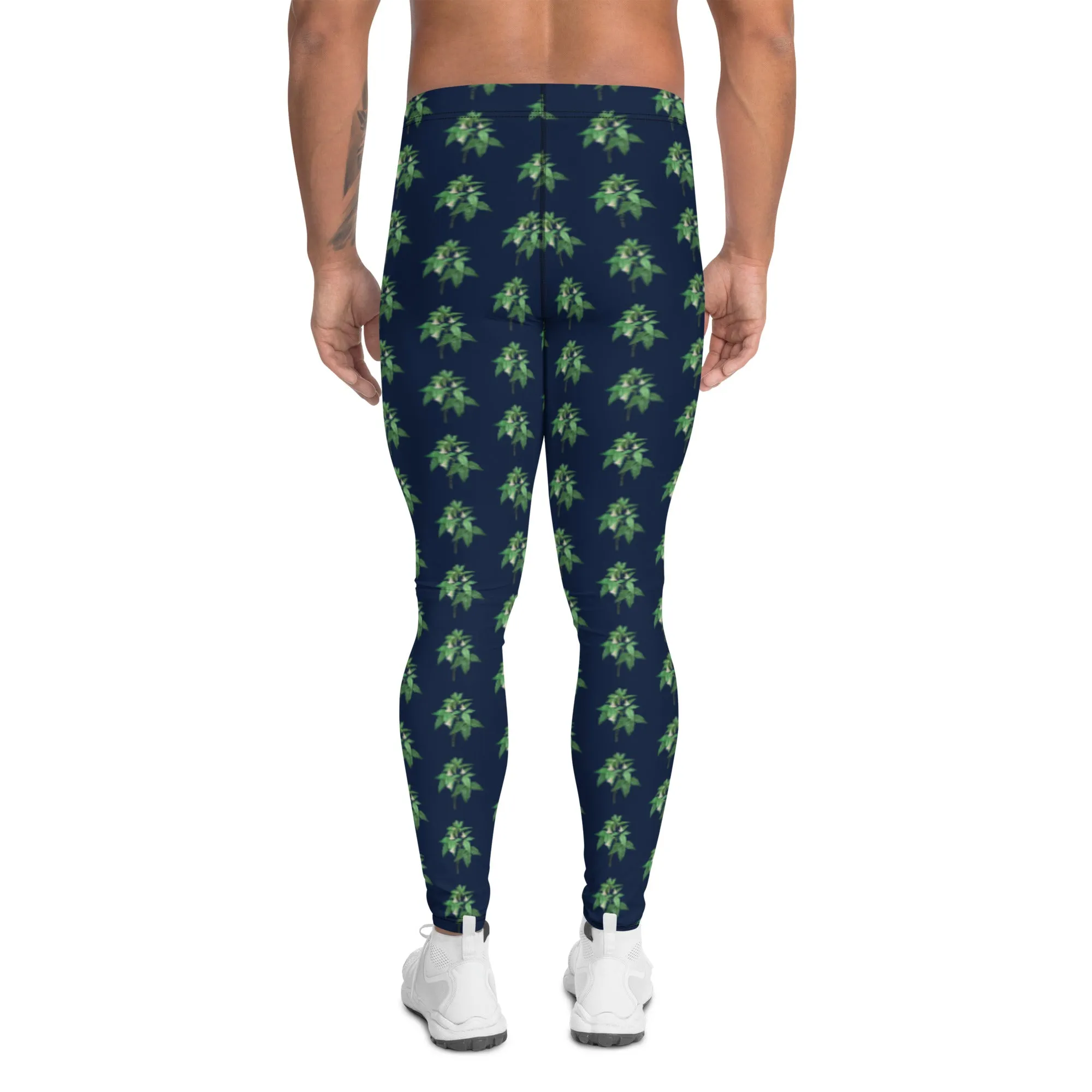 Green Blue Floral Men's Leggings, Flower Meggings Designer Workout Tights-Made in USA/EU/MX