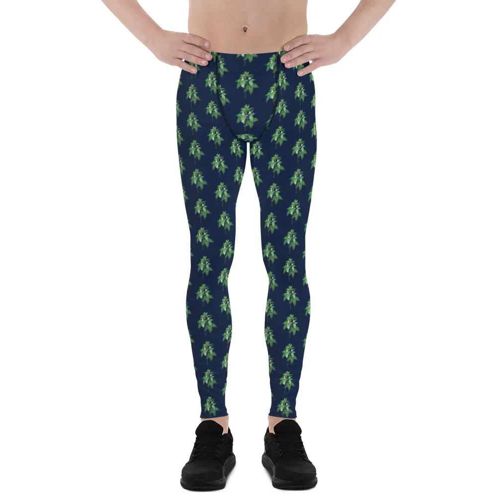 Green Blue Floral Men's Leggings, Flower Meggings Designer Workout Tights-Made in USA/EU/MX