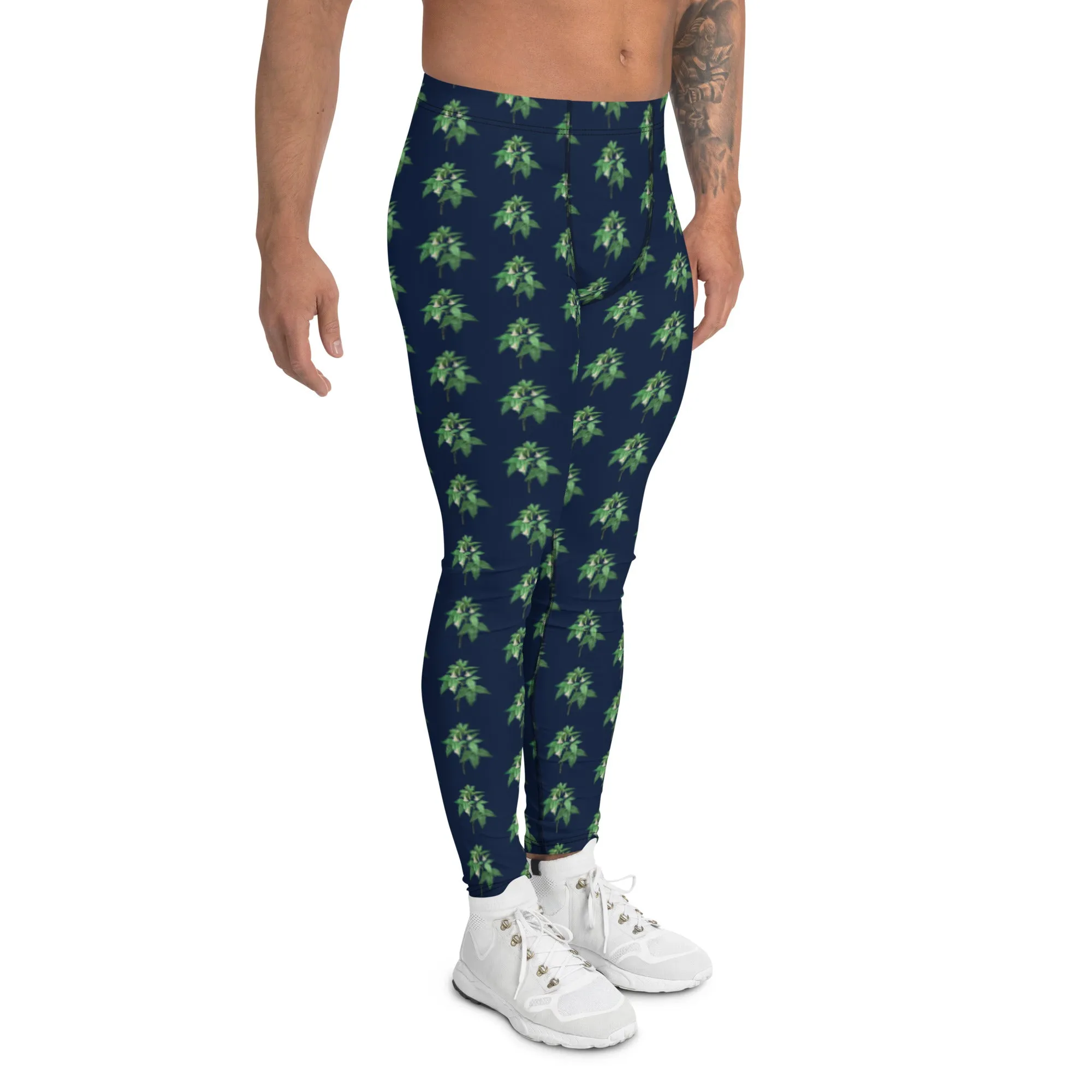 Green Blue Floral Men's Leggings, Flower Meggings Designer Workout Tights-Made in USA/EU/MX