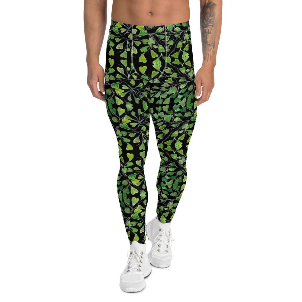 Green Maidenhair Fern Leaf Meggings, Black Leaves Printed Men's Leggings -Made in USA/EU