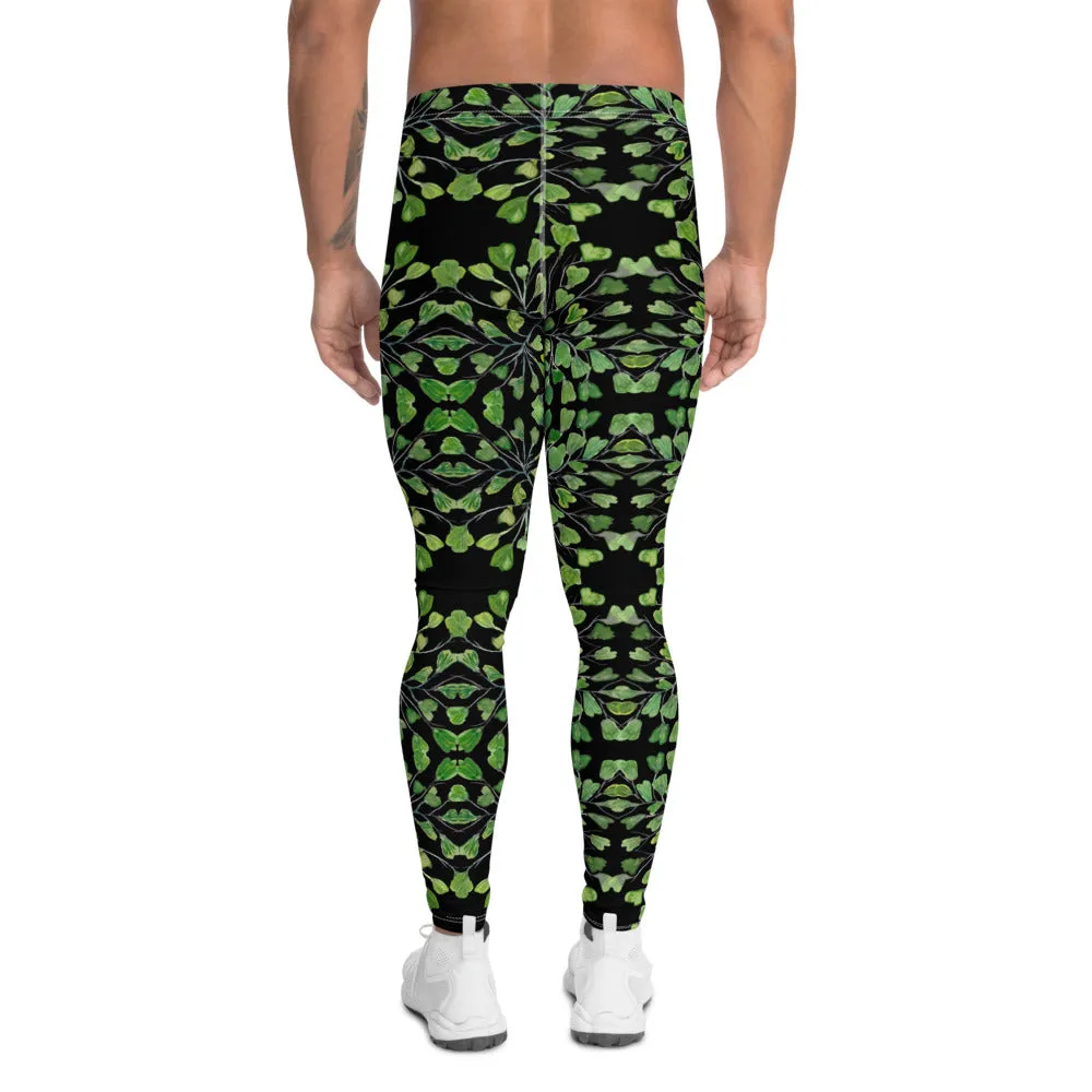 Green Maidenhair Fern Leaf Meggings, Black Leaves Printed Men's Leggings -Made in USA/EU