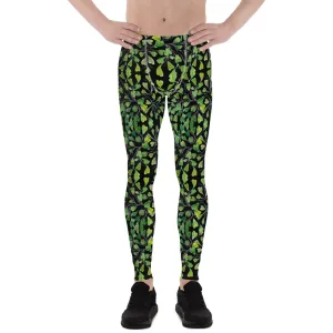 Green Maidenhair Fern Leaf Meggings, Black Leaves Printed Men's Leggings -Made in USA/EU