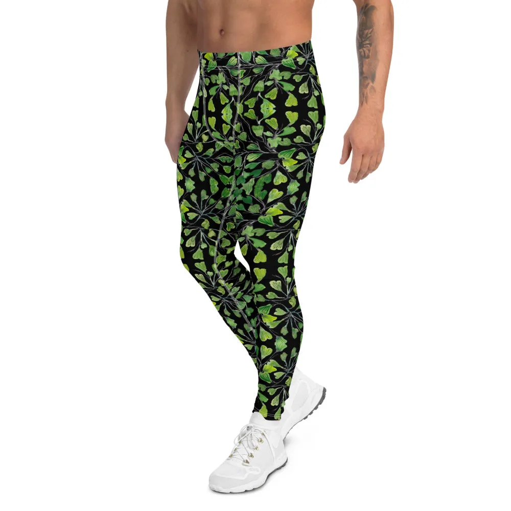 Green Maidenhair Fern Leaf Meggings, Black Leaves Printed Men's Leggings -Made in USA/EU