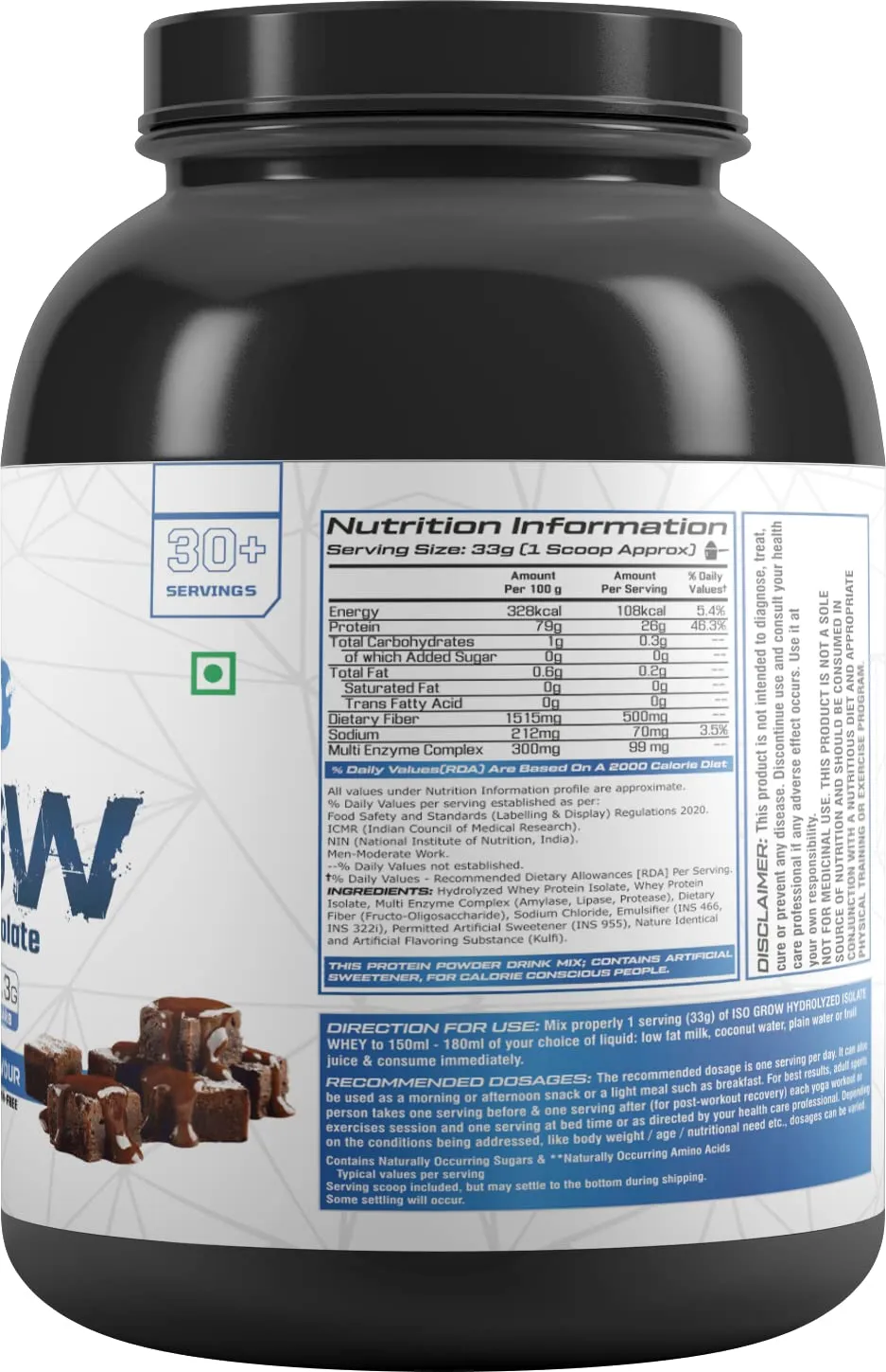 GrowLabz Iso Grow Hydrolyzed isolate 1kg Choco Fudge 30 Serving Support Muscle Recovery