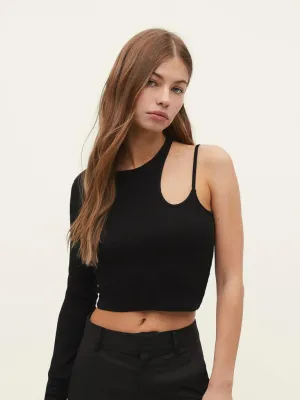 GRWM Asymmetric Black Cut Out Top For Women