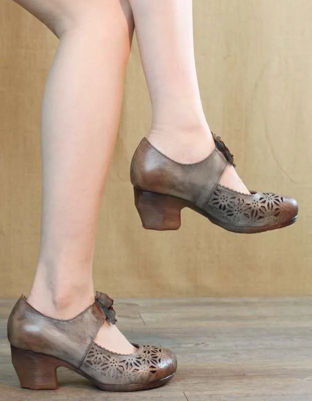 Handmade Retro Leather Hollow Flower Chunky Heels