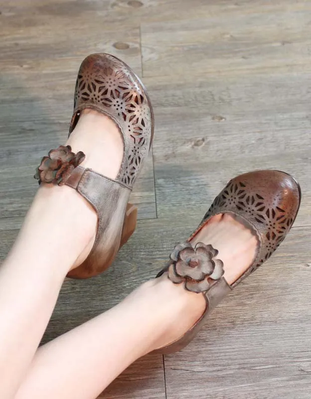 Handmade Retro Leather Hollow Flower Chunky Heels