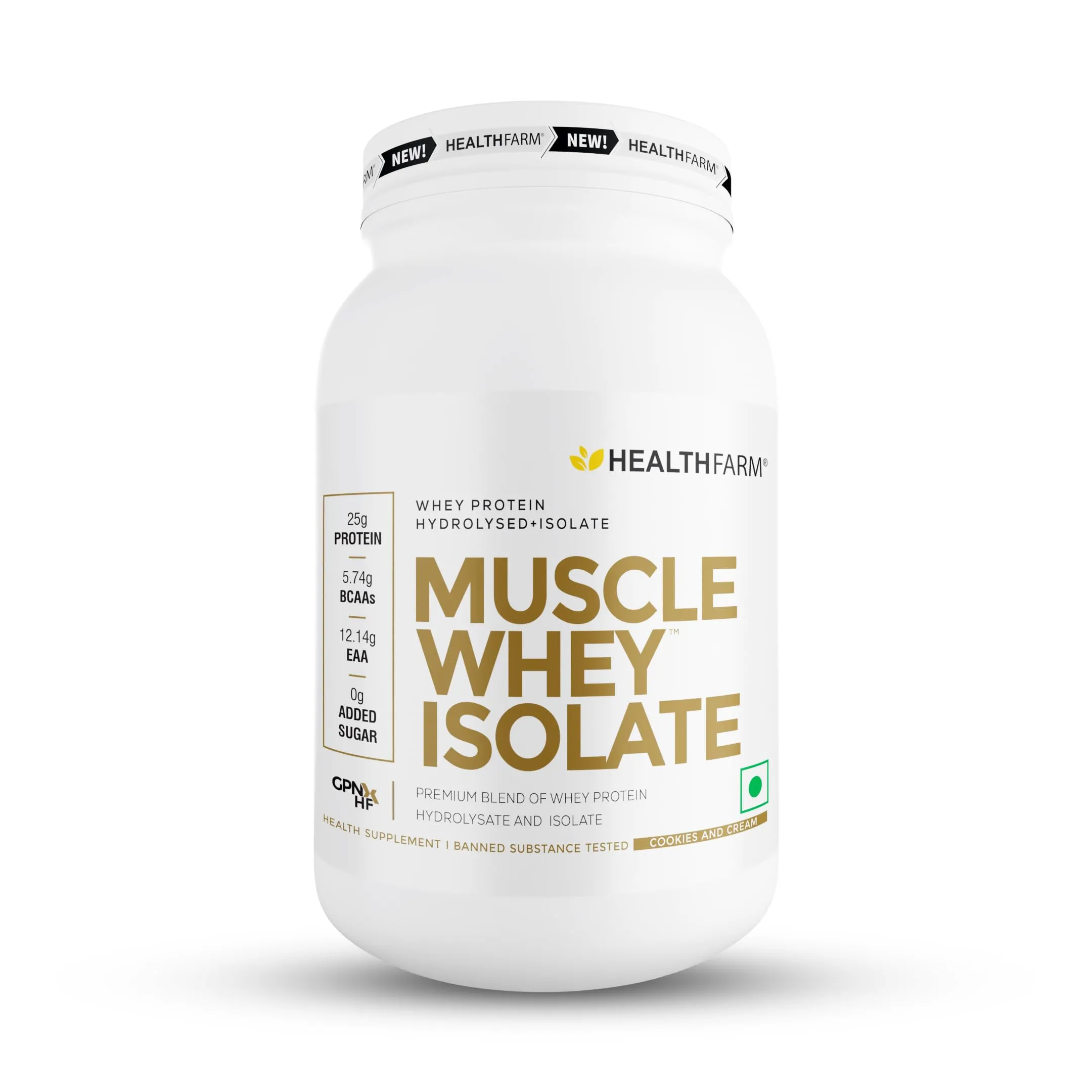 Healthfarm Muscle Whey Isolate Protein Powder, 100% Pure Isolate with Lab tested for Purity| No Banned Susbstance (Cookies and Cream, 1kg)