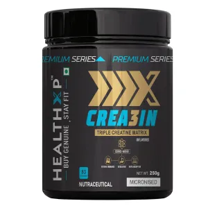 HealthXP Micronised CREA3IN Triple Creatine Matrix (Creatine Monohydrate, Creatine Hydrochloride,Creatine Nitrate) 250gm, Unflavoured, 83 servings