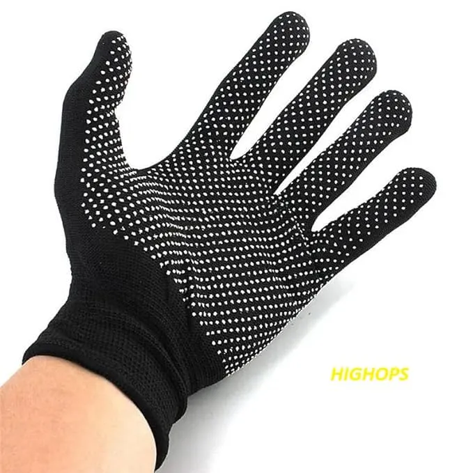 HIGHOPS Sports PVC DOTED Cotton Gloves halp for Cricket Bating and Full grriping in bat Hand he is incris for Bating (Pair Black)