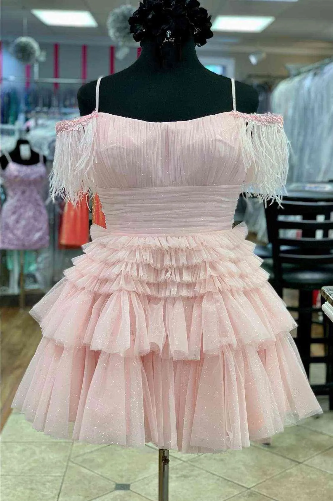 Hot Pink Cold Sleeves Tiered Tulle Party Dress Short Cocktail Dresses