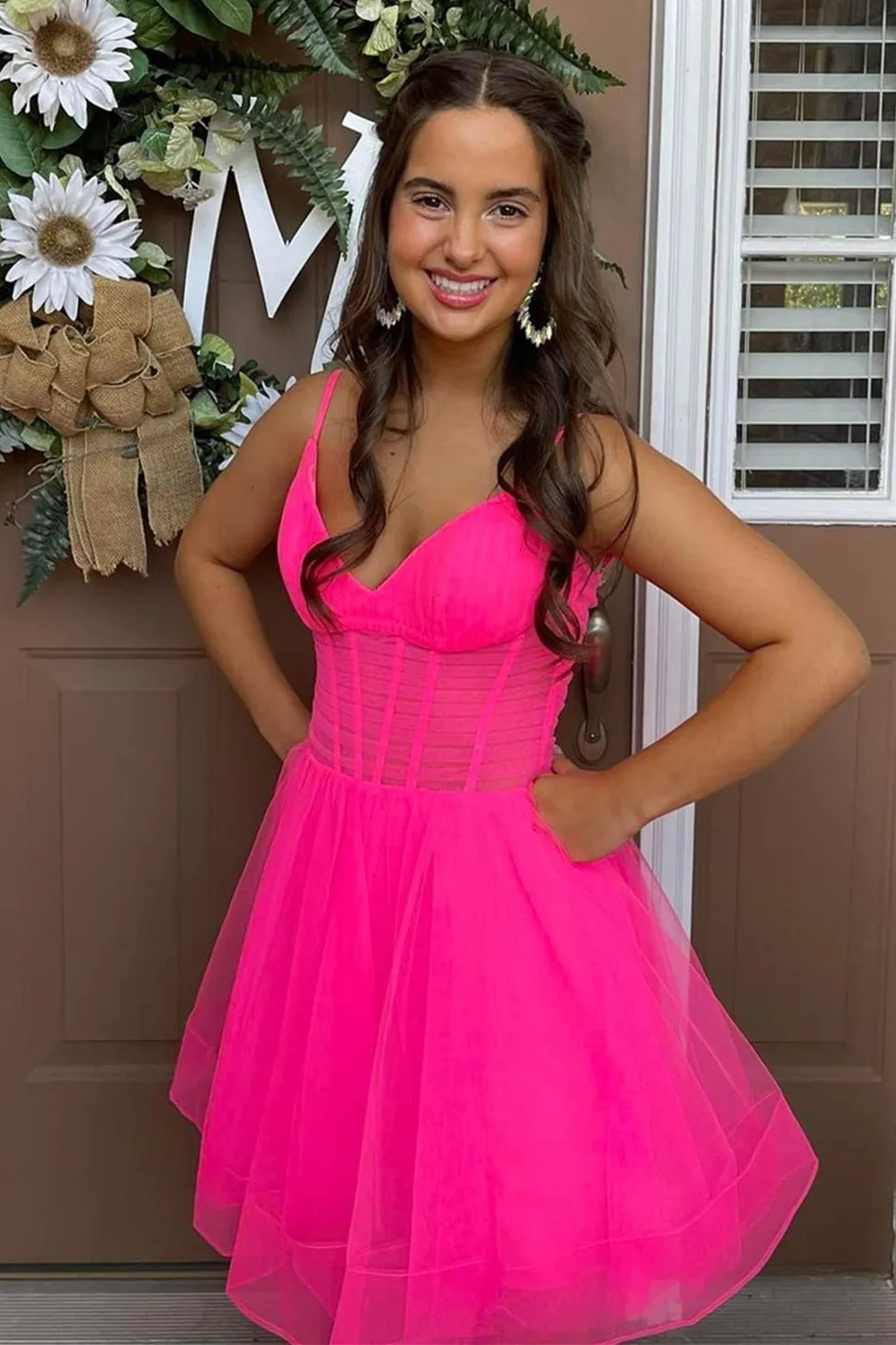 Hot Pink V Neck Straps Tulle Homecoming Dress Hoco Dresses