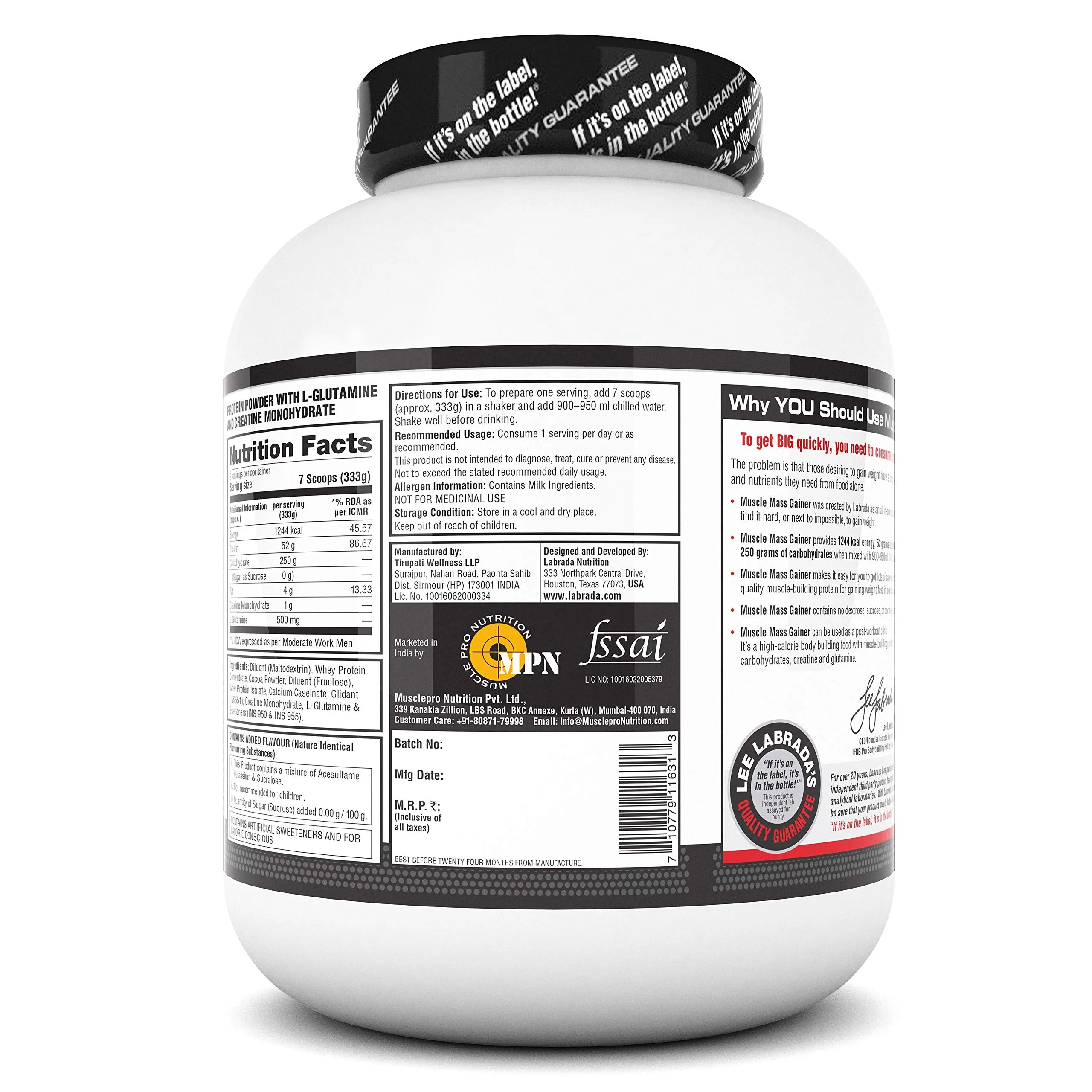 Labrada Muscle Mass Gainer Powder 6.6 lbs (Pack of 3 kg) (Chocolate) - Gain Weight, Post-Workout, 52g Protein, 250g Carbs,1g Creatine, 500mg L-Carnitine, 9 Servings