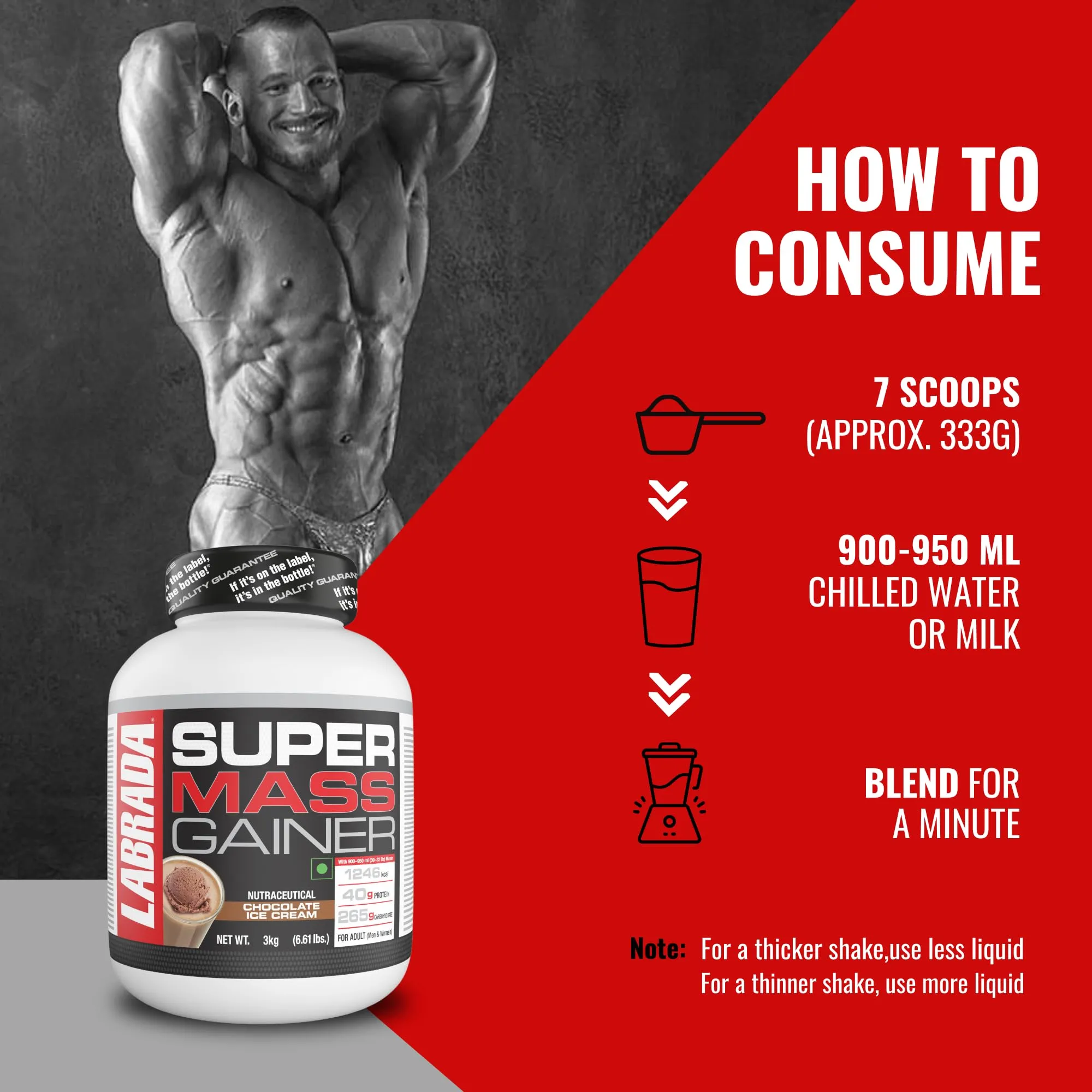 Labrada Super Mass Gainer 3kg | High-Calorie Protein Powder for Muscle Growth and Recovery |1246 Calories | 40g Protein | 265g Carbs | Chocolate Ice Cream Flavor | 3g Creatine | 500mg Glutamine.