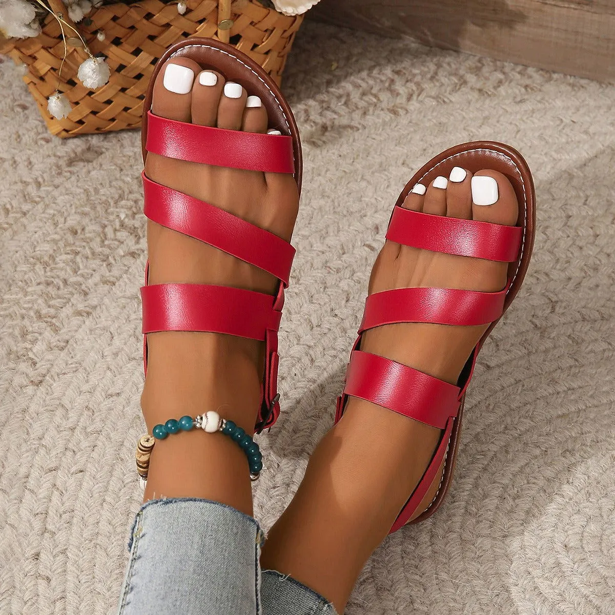 Leather Cross Straps Roman Flat Sandals