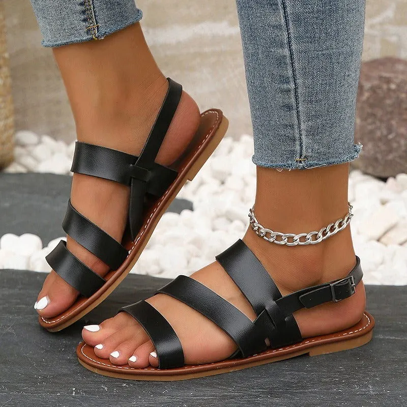 Leather Cross Straps Roman Flat Sandals