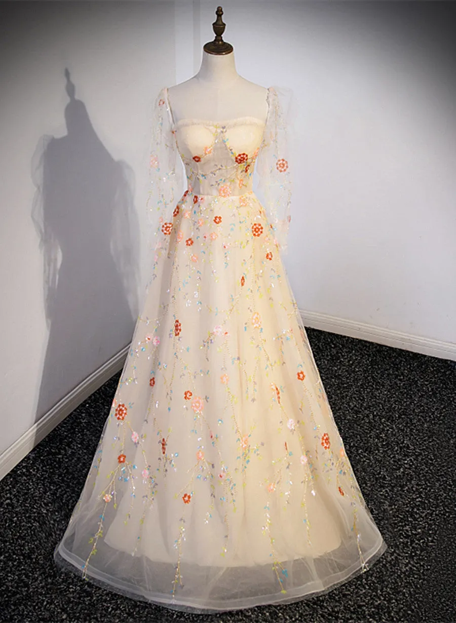 Light Champagne Long Sleeves Floral Tulle Party Dress, A-line Tulle Evening Dress Prom Dress