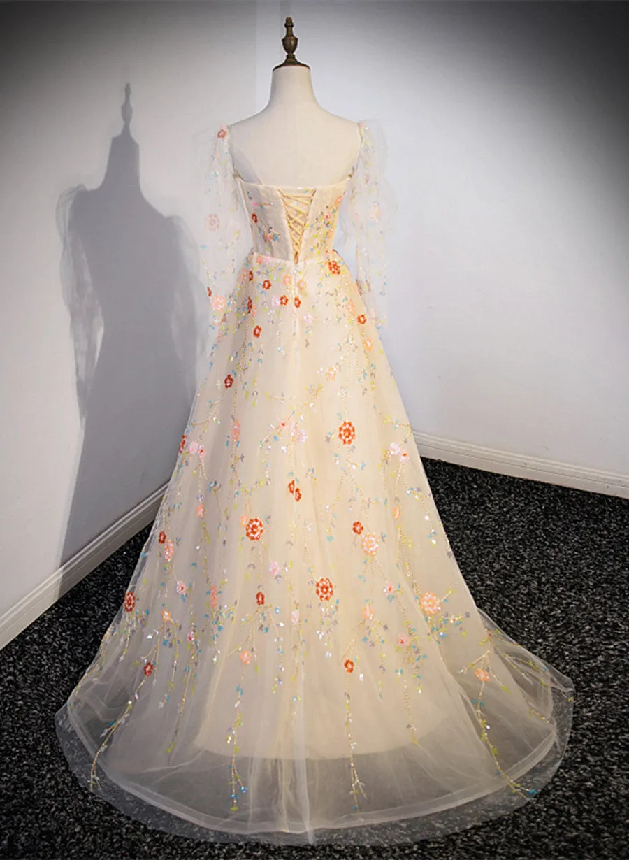 Light Champagne Long Sleeves Floral Tulle Party Dress, A-line Tulle Evening Dress Prom Dress