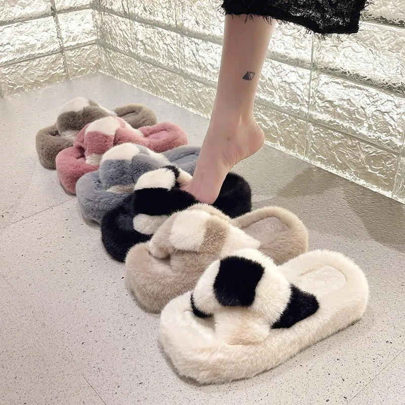 LovelyRLovely Cross-Strap Fuzzy Slippers With 5cm Heel