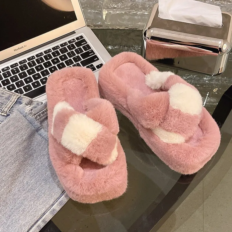 LovelyRLovely Cross-Strap Fuzzy Slippers With 5cm Heel