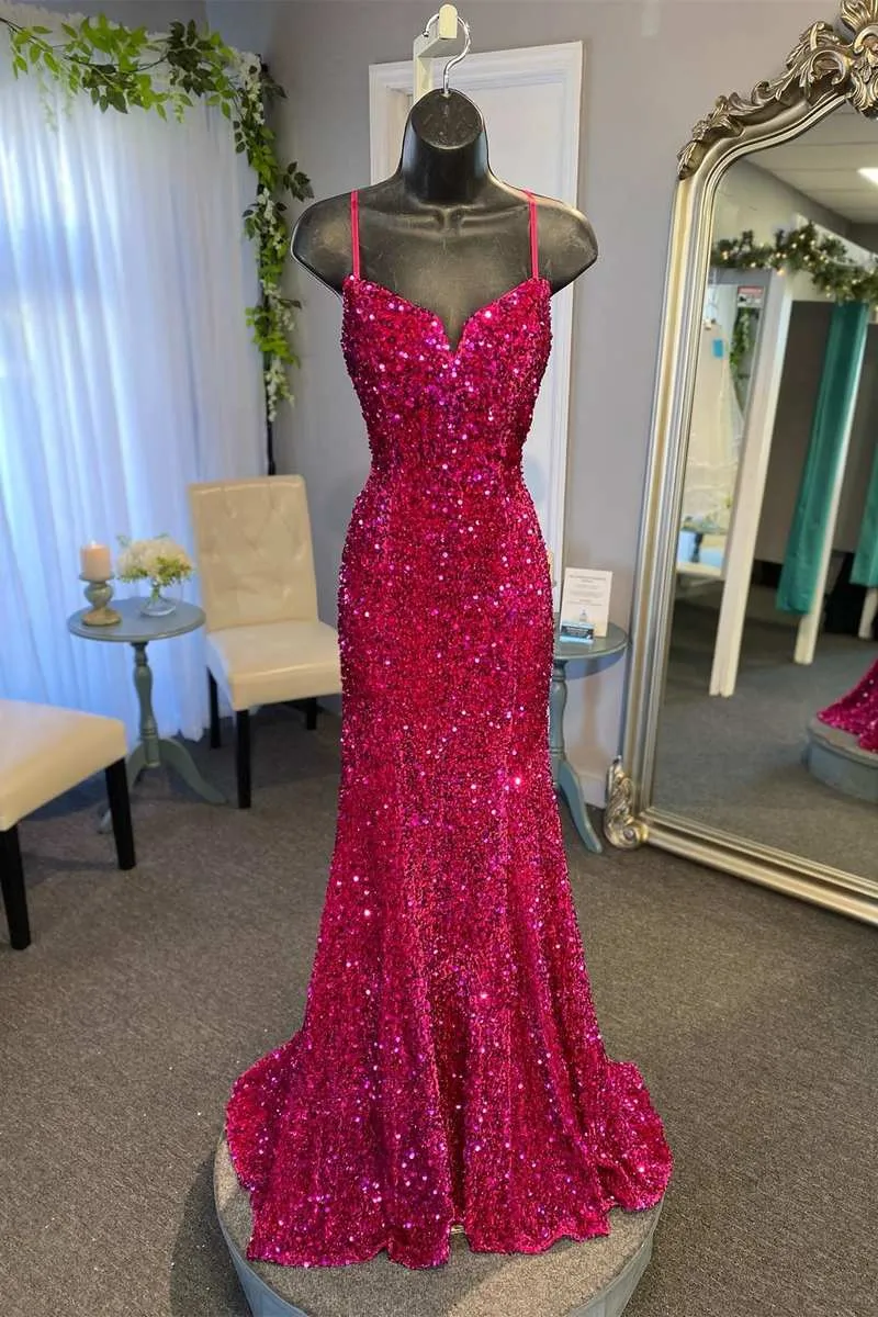 Magenta V Neck Mermaid Long Prom Dress,Royal Blue Sequin Party Dresses