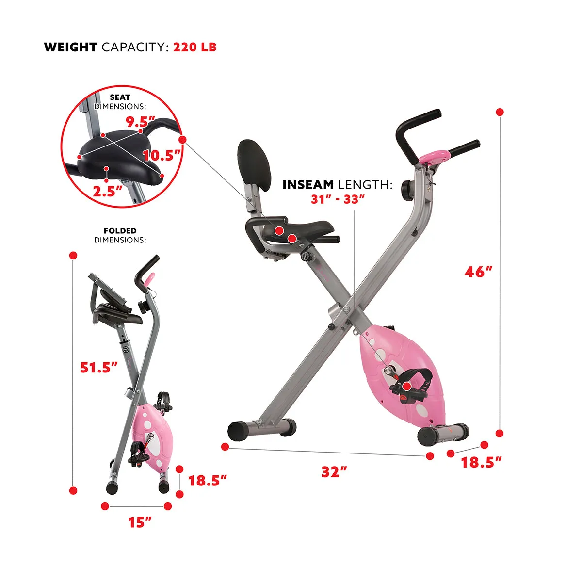 Magnetic Folding Recumbent Bike Exercise Bike, 220lb Capacity