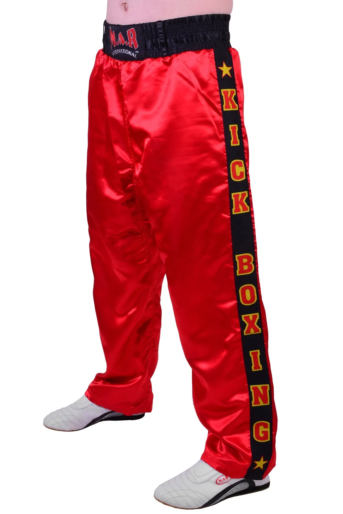 MAR-087A | Red & Black Kickboxing Trousers w/ Embroidered Writing