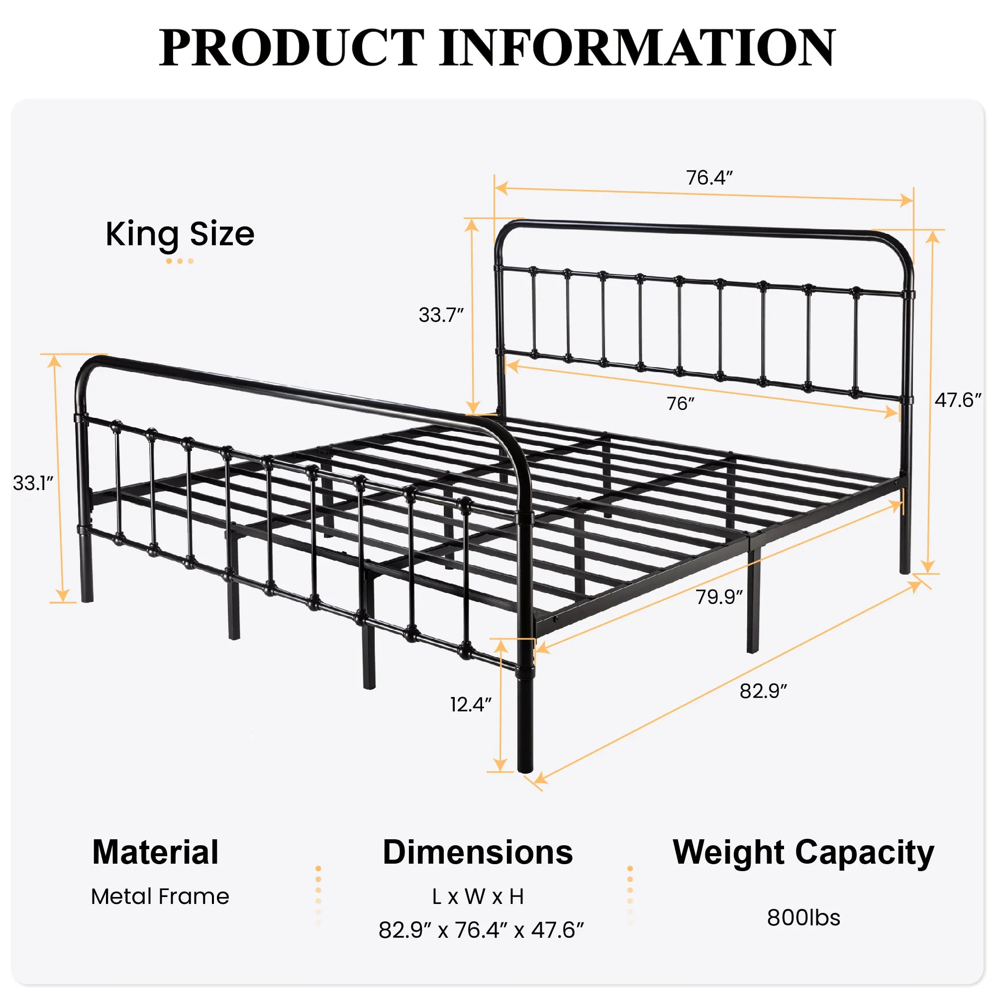 Metal Platform Bed Frame with Headboard and Footboard, Vintage Style Mattress Foundation