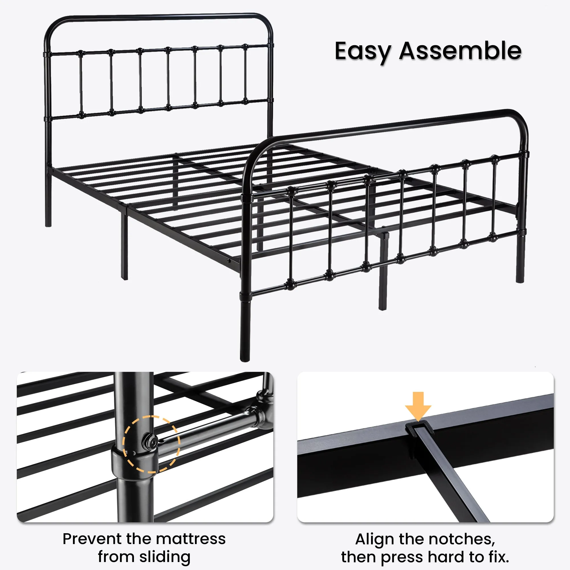 Metal Platform Bed Frame with Headboard and Footboard, Vintage Style Mattress Foundation