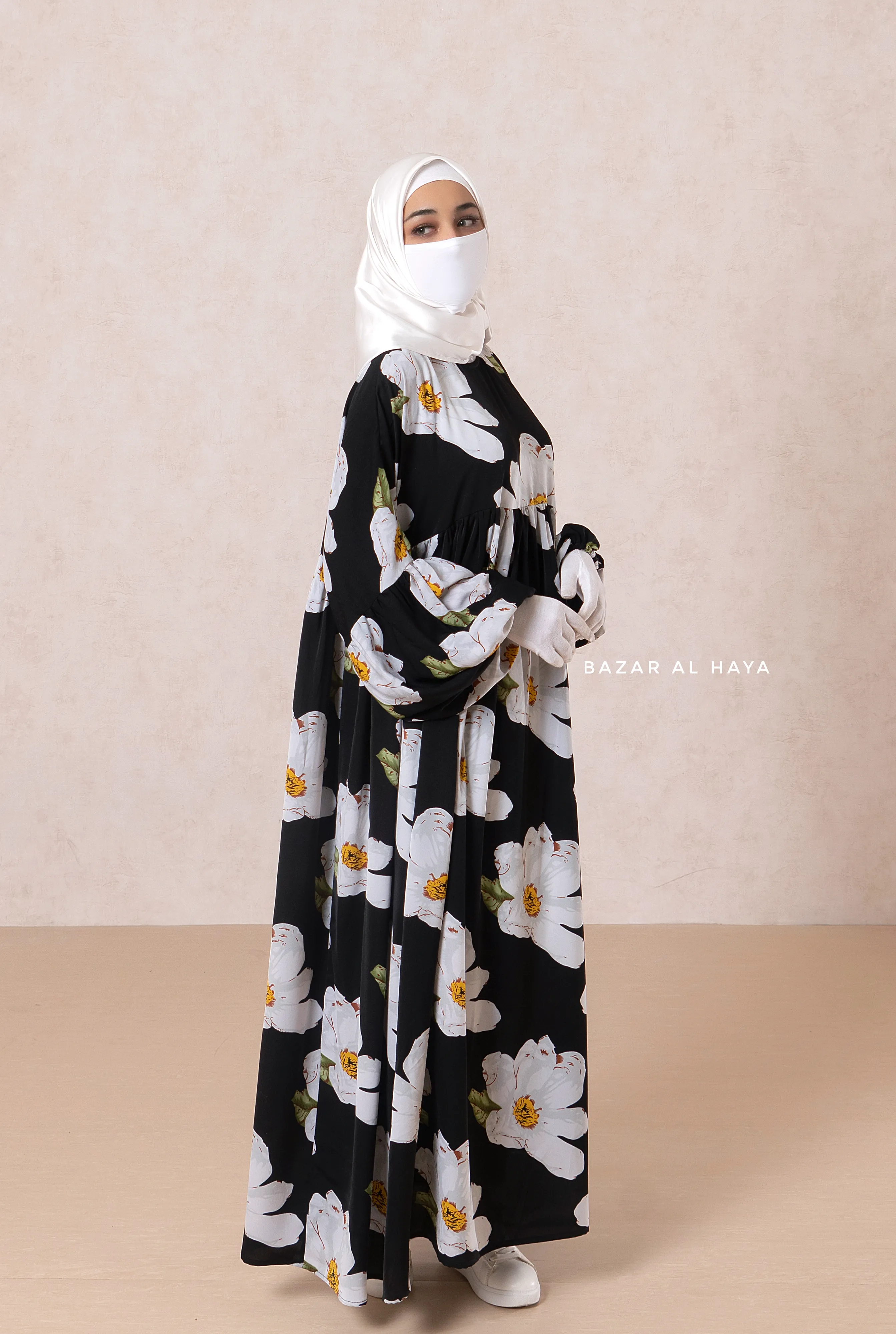 Muna Black Loose Fit Summer Abaya Dress - Viscose Cotton & Daisy Flower Print