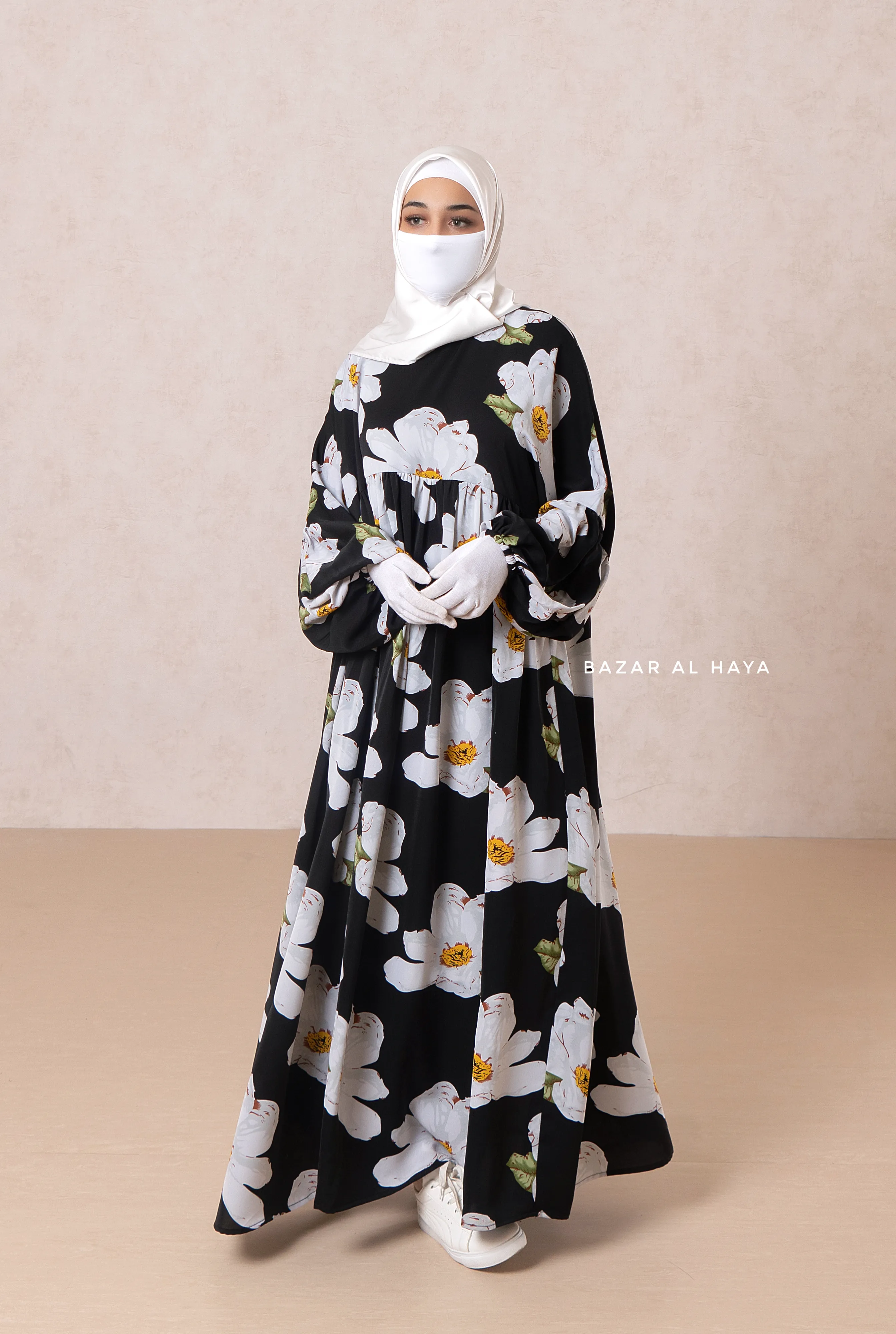 Muna Black Loose Fit Summer Abaya Dress - Viscose Cotton & Daisy Flower Print