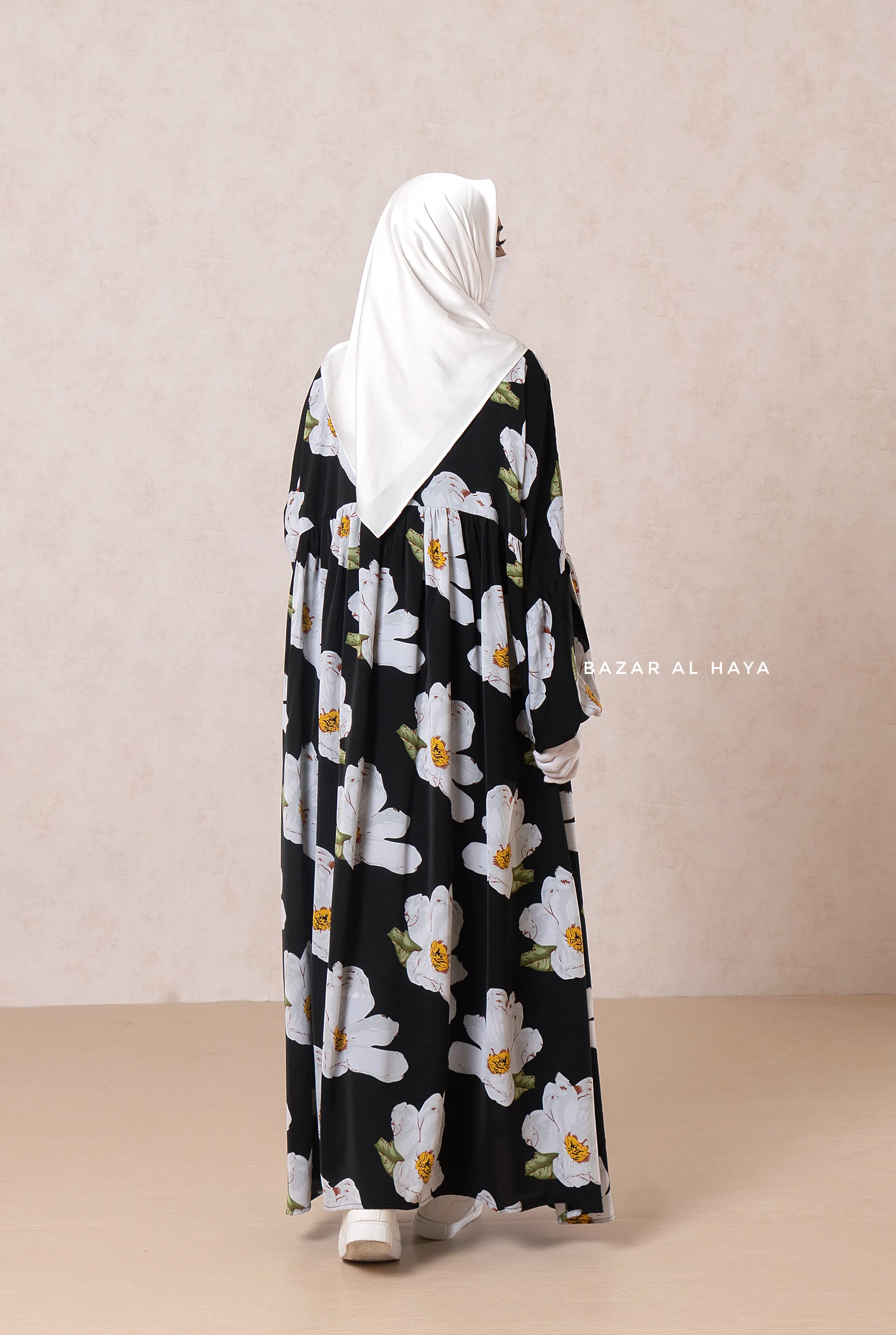 Muna Black Loose Fit Summer Abaya Dress - Viscose Cotton & Daisy Flower Print