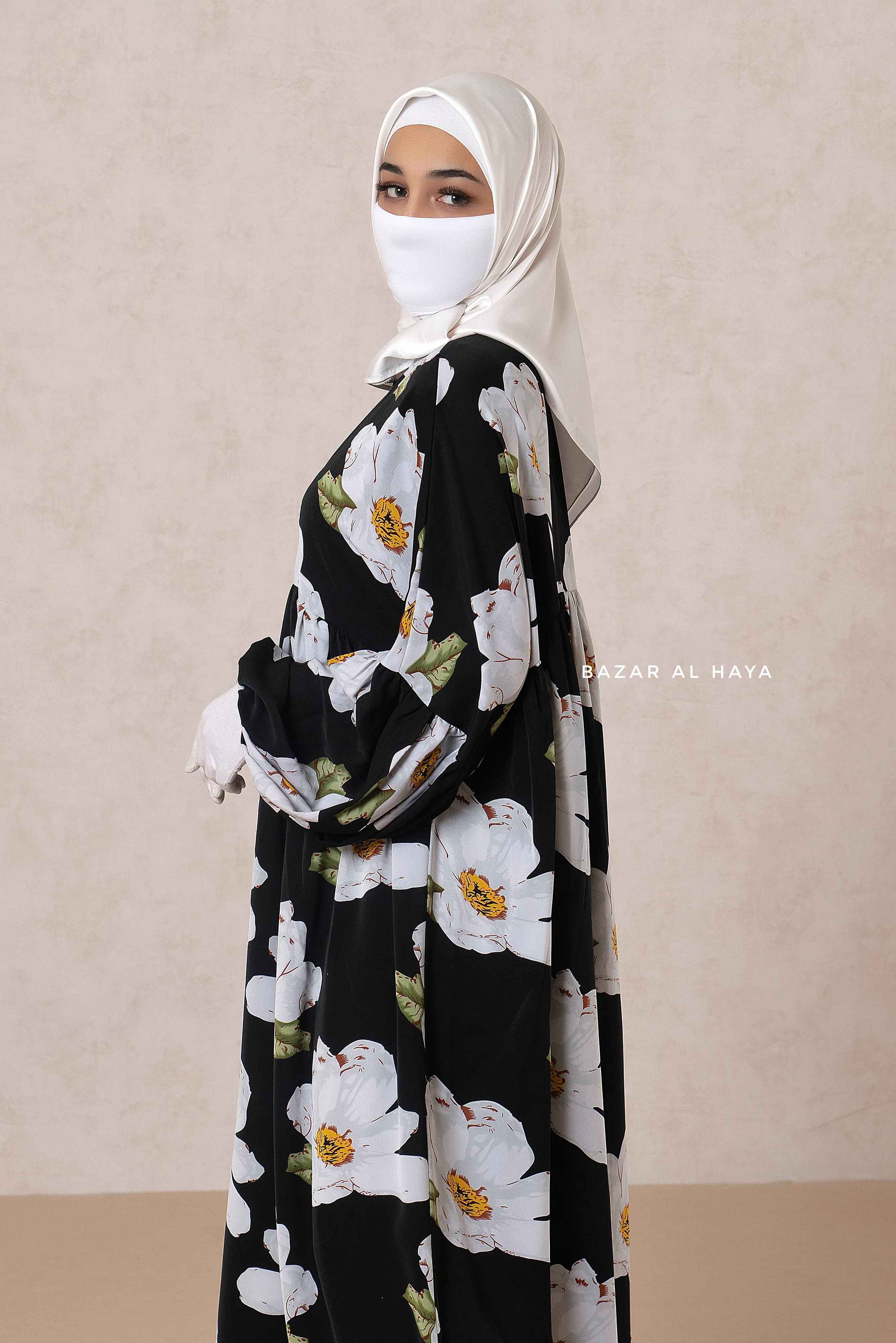 Muna Black Loose Fit Summer Abaya Dress - Viscose Cotton & Daisy Flower Print