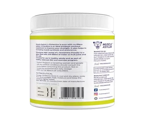 Muscle Asylum 100% Pure L-Glutamine Enables Faster Recovery- 50 Servings, 250gm Unflavored