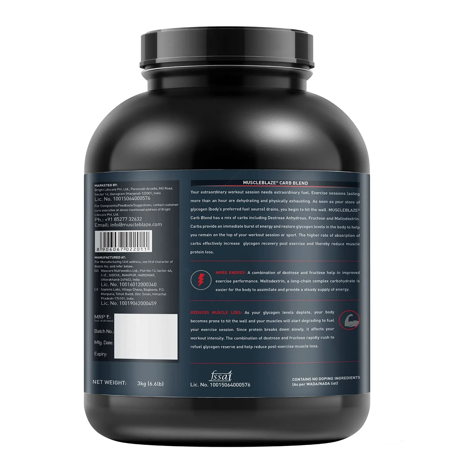 MuscleBlaze Carb Blend Powder, 3 Kg / 6.6 Lb Unflavoured