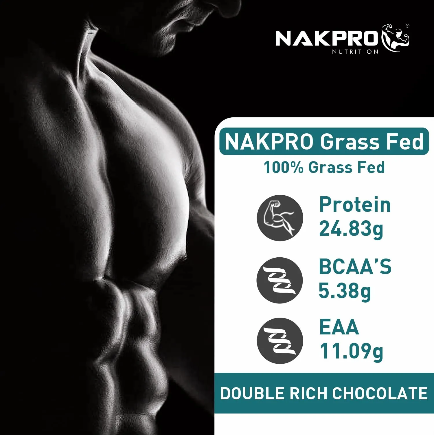 NAKPRO Grass Fed Whey Protein Concentrate Muscle Recovery Protein Powder (2 Kg, Double Rich Chocolate)