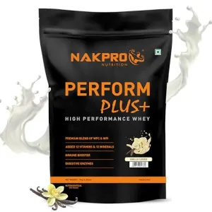 NAKPRO Perform Plus  Whey Protein Concentrate with Digestive Enzymes | 24g Protein, 5.7g BCAA | Easy Mixing, Easy Digesting (1 Kg, Vanilla)