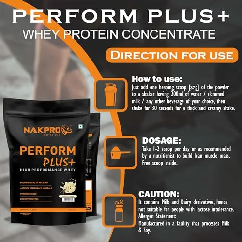 NAKPRO Perform Plus  Whey Protein Concentrate with Digestive Enzymes | 24g Protein, 5.7g BCAA | Easy Mixing, Easy Digesting (1 Kg, Vanilla)