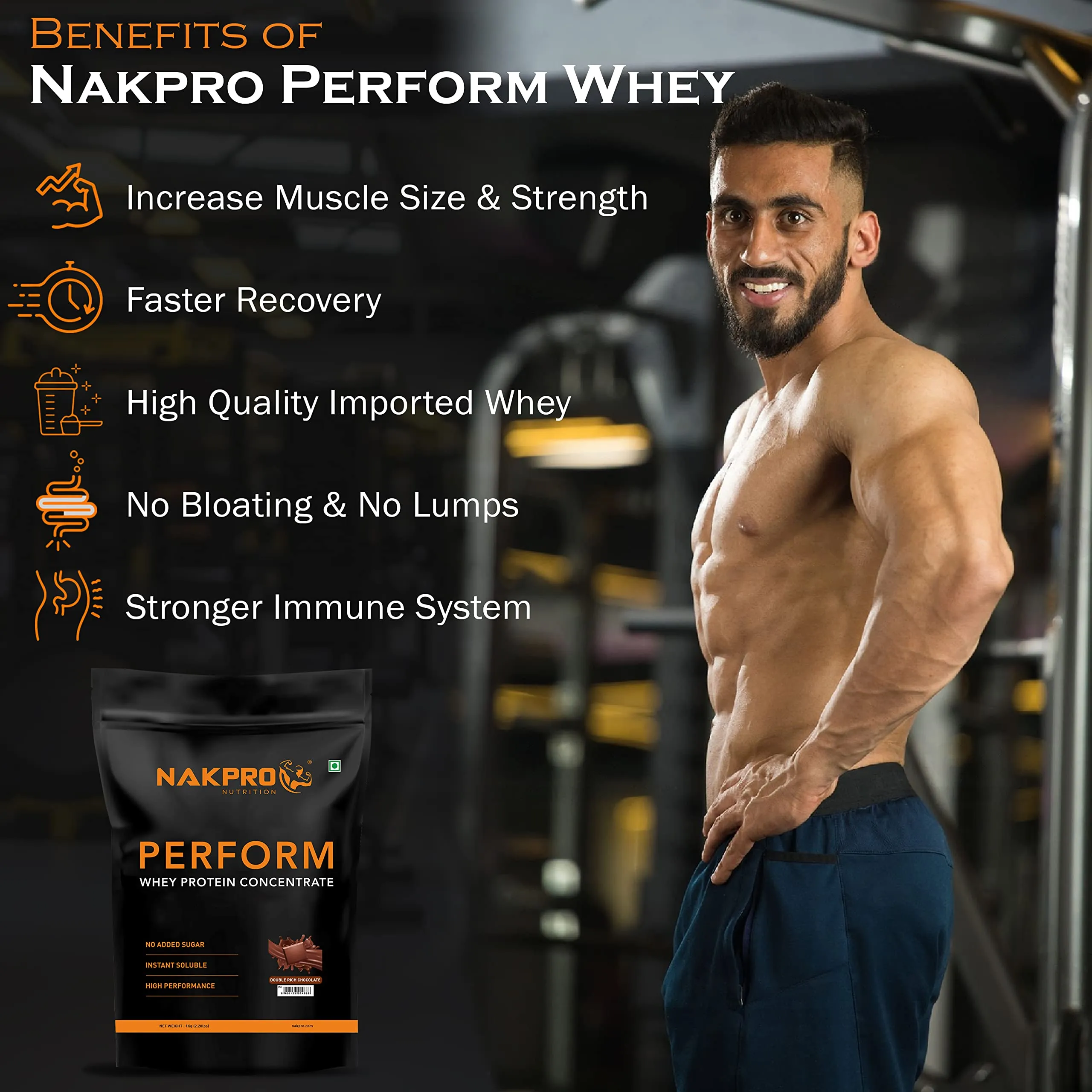 NAKPRO Perform Whey Protein Concentrate | 24g Protein, 5.3g BCAA per Serving | Muscle Recovery Workout Drink, Lean Muscle Growth (1 Kg, Double Rich Chocolate)