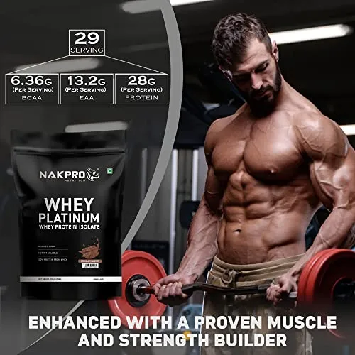 NAKPRO Platinum Whey Protein Isolate | 28g Protein, 6.36g BCAA | Easy Mixing, Low Carbs, Easy Digesting Whey Protein Supplement Powder (1 Kg, Chocolate)