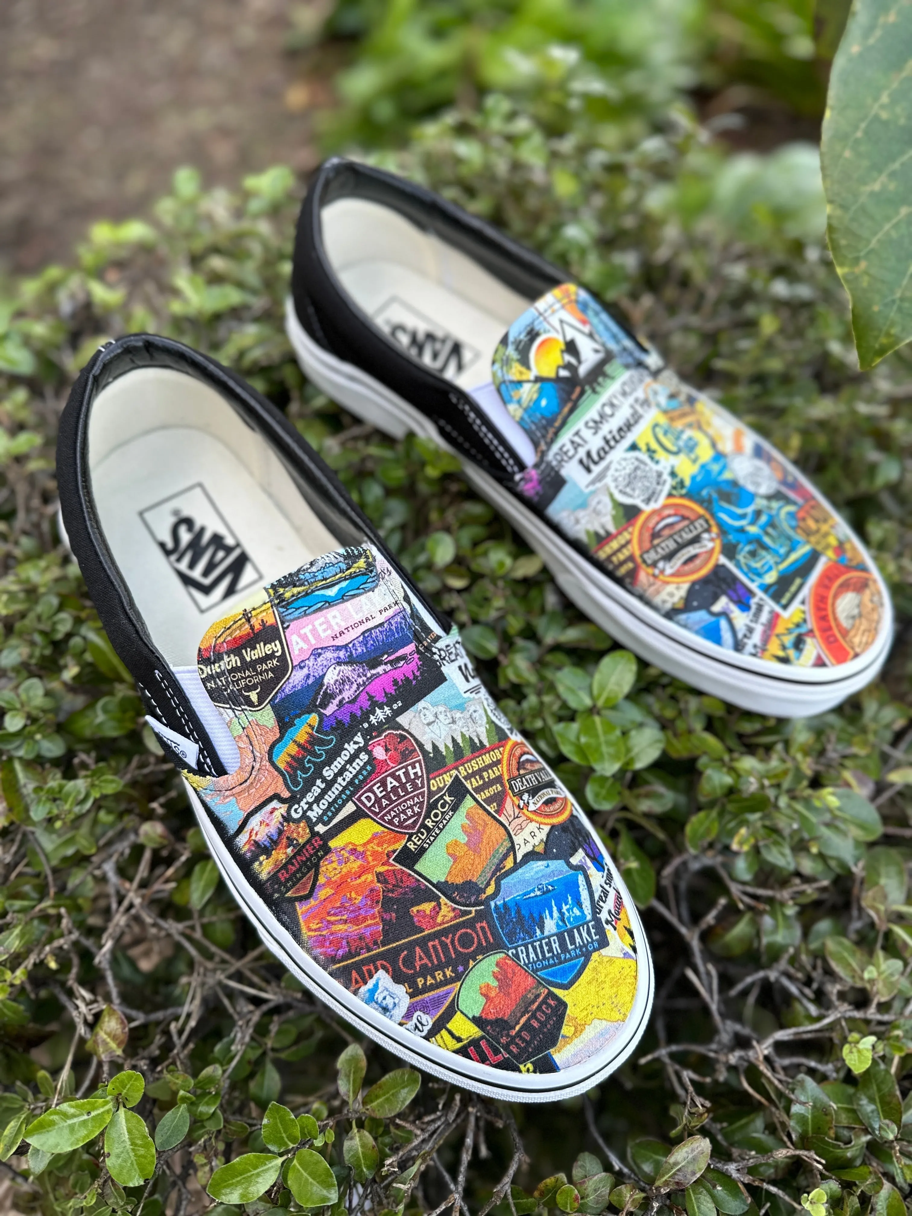 National Park Sticker Combination Custom Slip On Black Vans