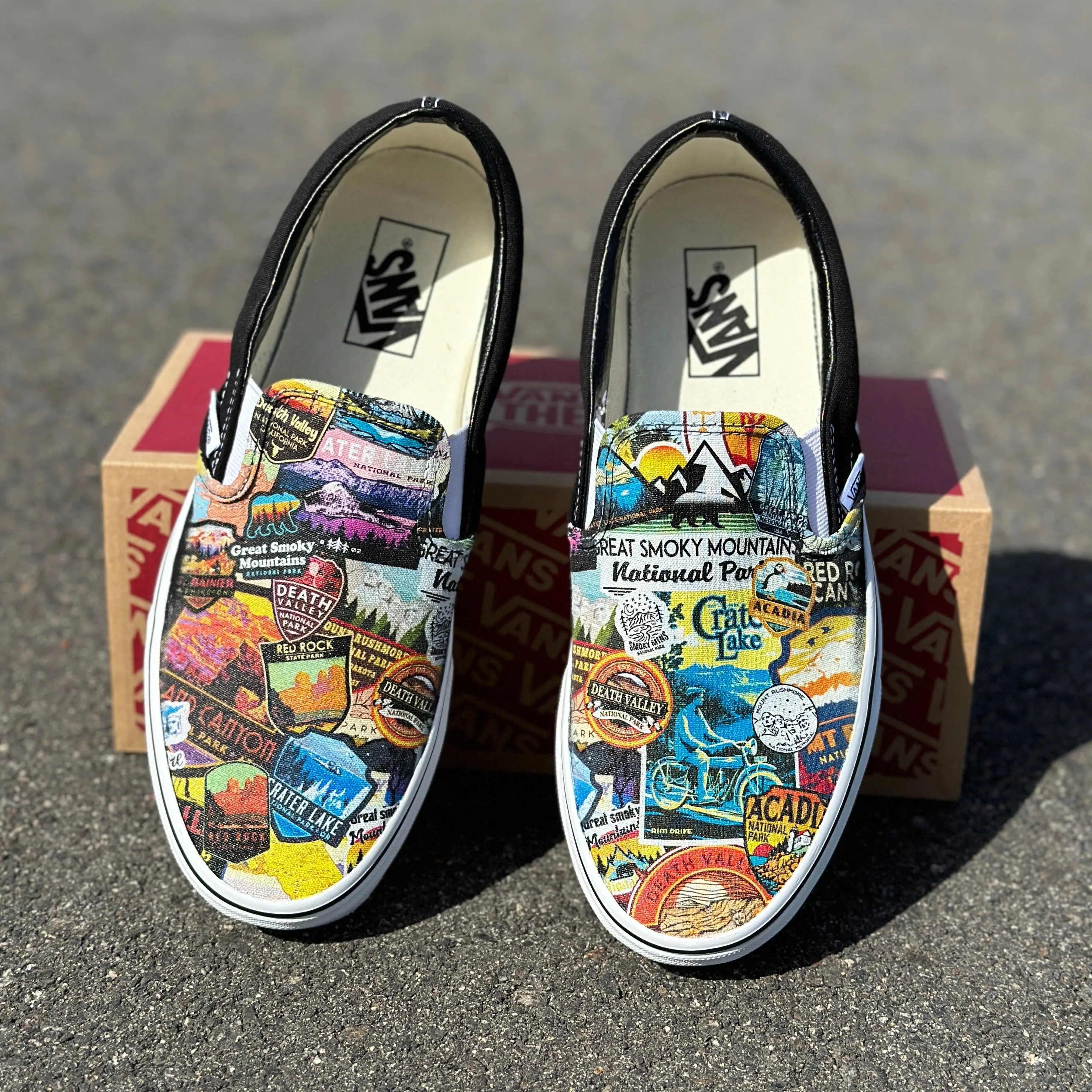 National Park Sticker Combination Custom Slip On Black Vans