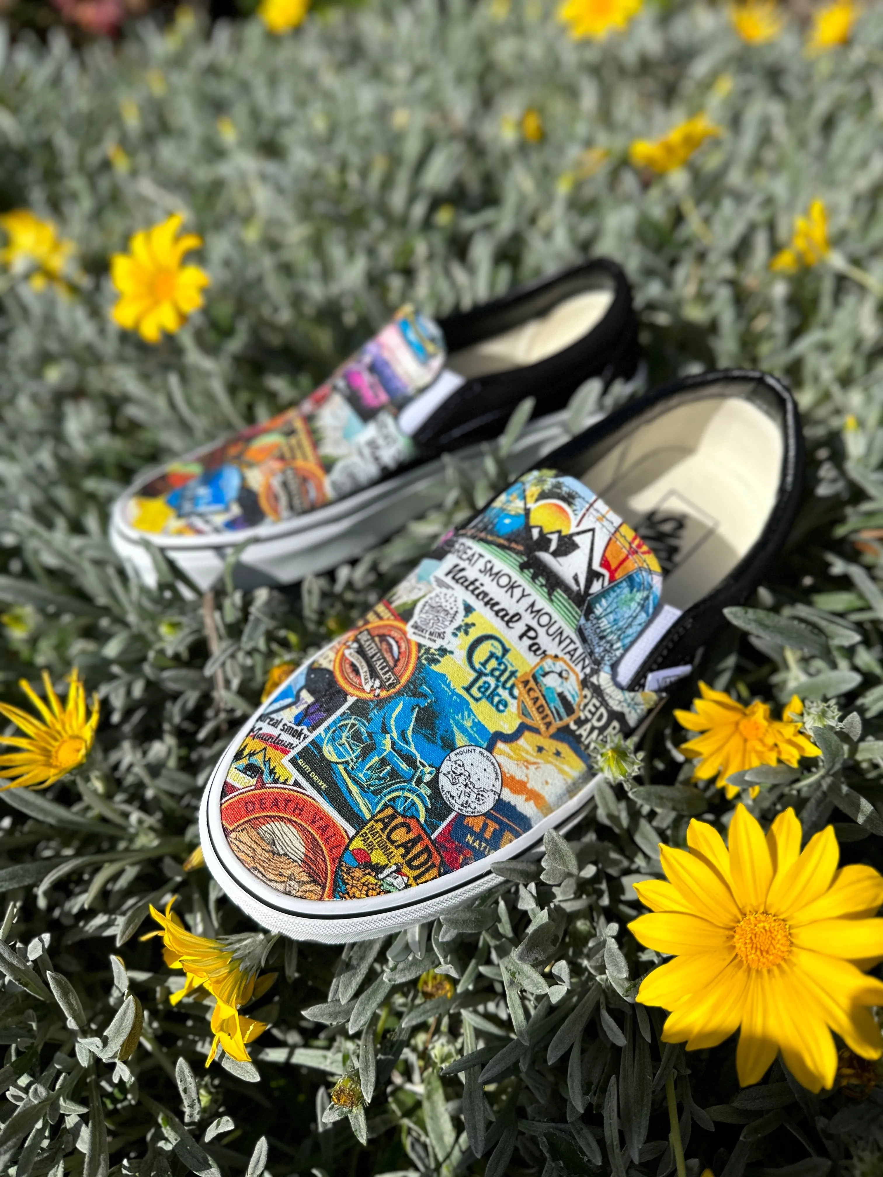 National Park Sticker Combination Custom Slip On Black Vans