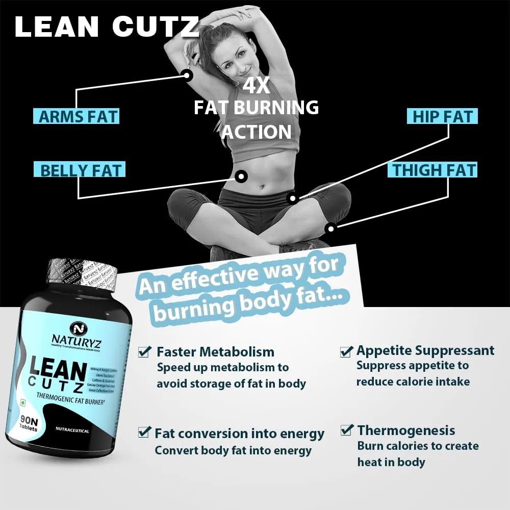 Naturyz LEAN CUTZ Thermogenic Fat Burner with Acetyl L Carnitine, Green tea Extract, Garcinia Cambogia, Green Coffee Bean Extract, Caffeine & Chromium Weight loss product for Men & Women - 90 Tablets