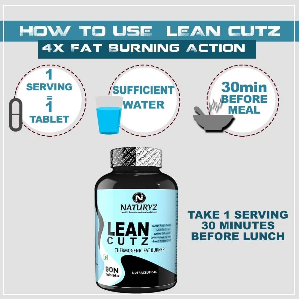 Naturyz LEAN CUTZ Thermogenic Fat Burner with Acetyl L Carnitine, Green tea Extract, Garcinia Cambogia, Green Coffee Bean Extract, Caffeine & Chromium Weight loss product for Men & Women - 90 Tablets