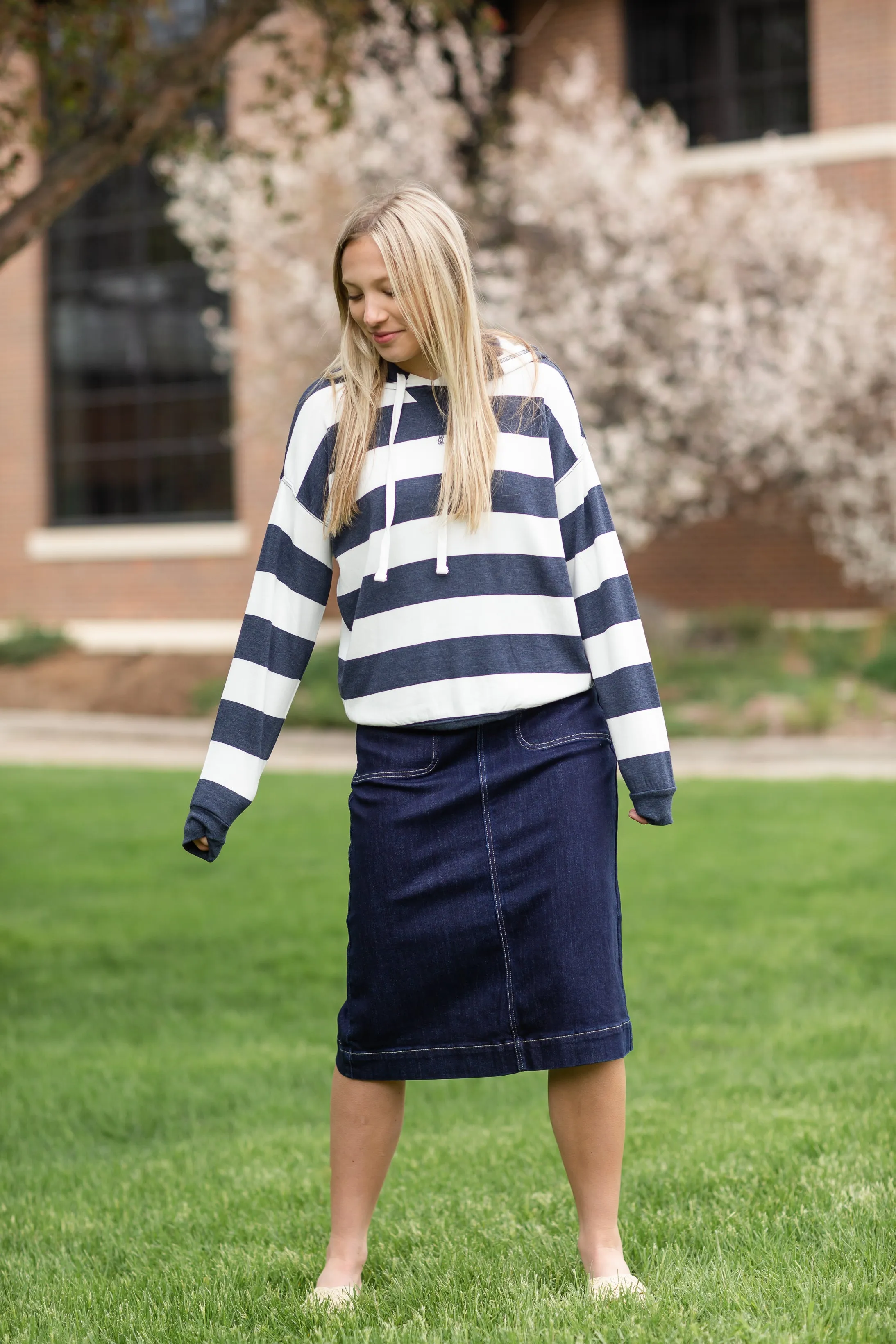 Navy & White Striped Hooded Sweatshirt