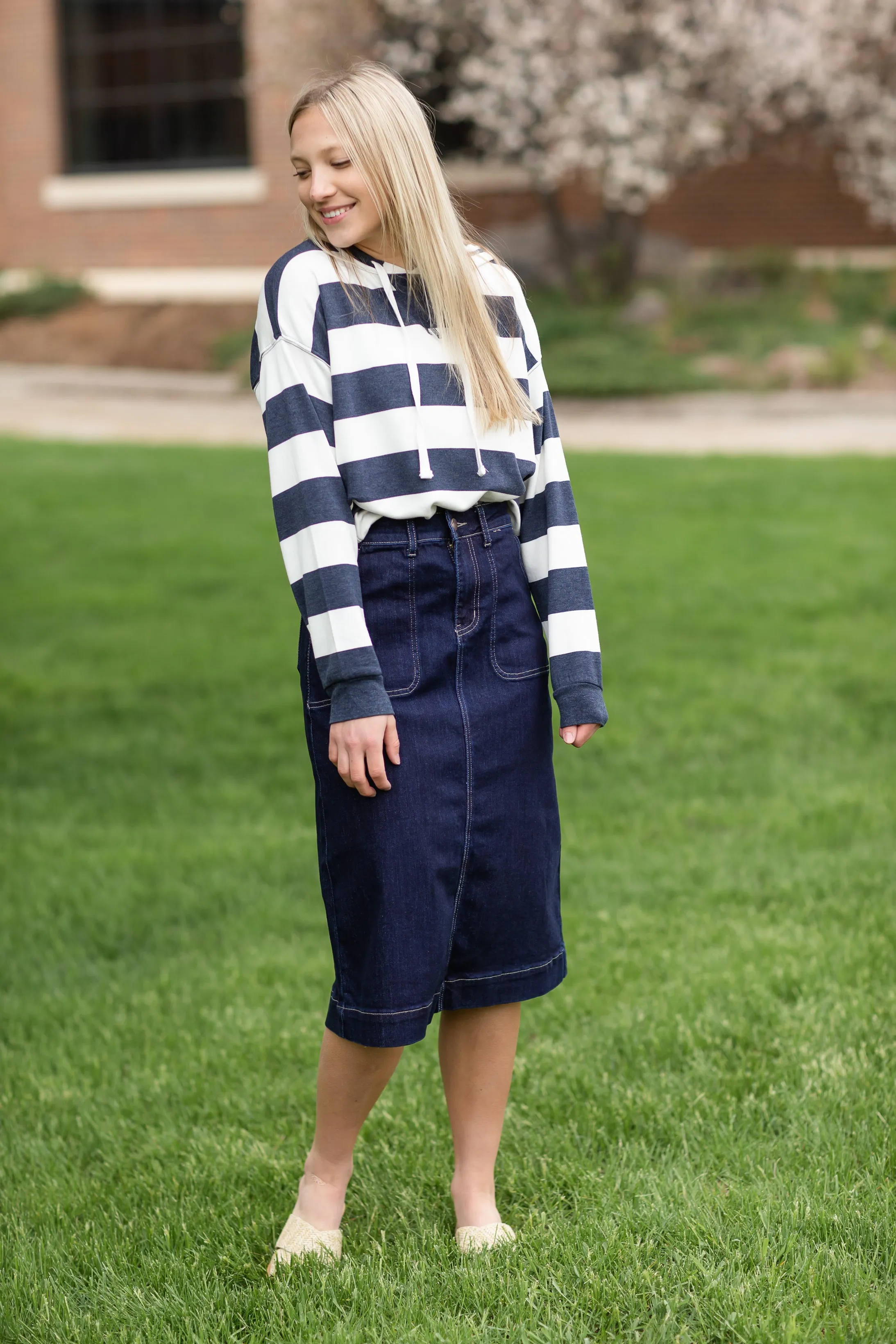 Navy & White Striped Hooded Sweatshirt