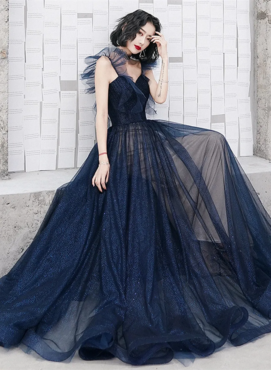 Navy Blue Tulle Sweetheart A-line Long Formal Dress, Blue Prom Dress Party Dress