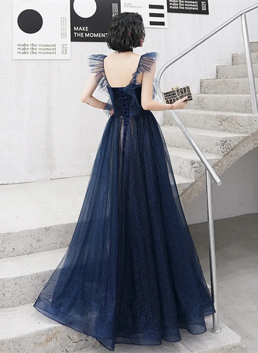 Navy Blue Tulle Sweetheart A-line Long Formal Dress, Blue Prom Dress Party Dress